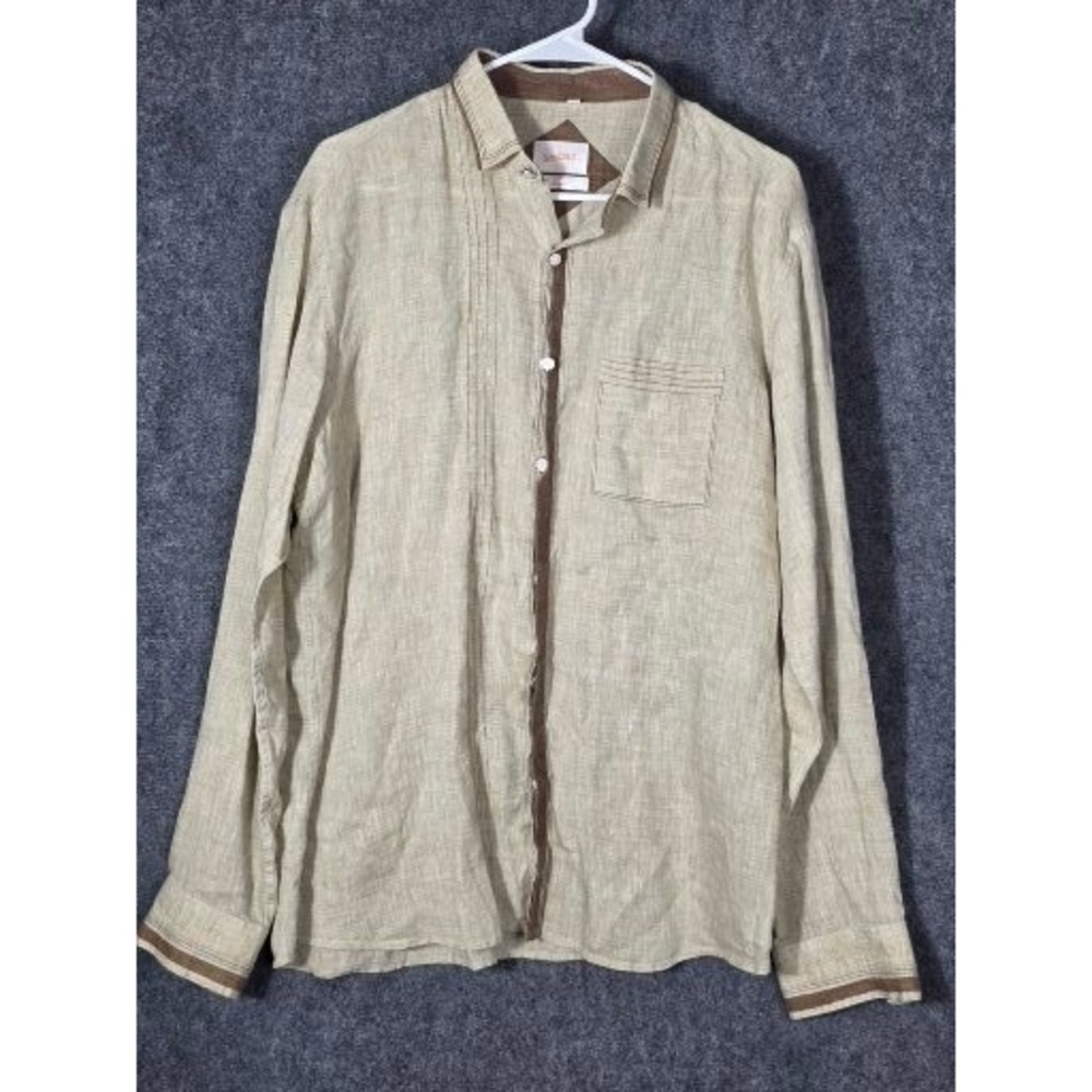 Mebaz Men's Linen Long Sleeve Button Down‎ Shirt Tan Brown Trim Size L Vacation